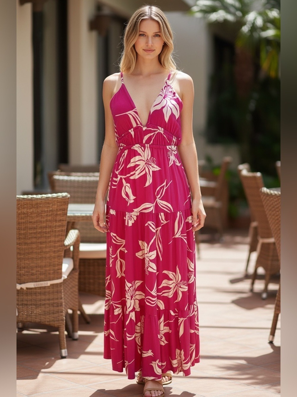 Angie Peekaboo Tiered Maxi Sundress Fuchsia Floral - Size Large